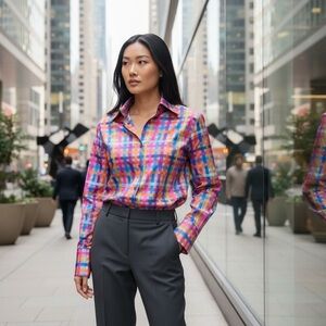 John Braye Colorful Plaid Button Down Shirt size 6 100% cotton fun professional